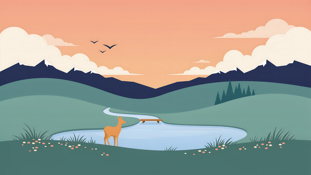 A deer stands by a calm lake near mountains at sunset isolated on a transparent background