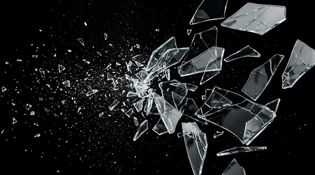 A dramatic close up of shattered glass fragments exploding outward against a deep black background creating a sharp abstract texture