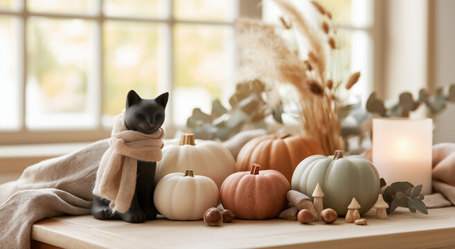 Autumn home decor with cat sculpture and pumpkins near a window