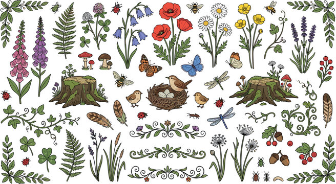 Vintage forest wildflower vector collection with poppies foxgloves bluebells clover lavender tree stumps and bird nest