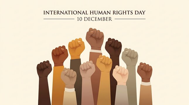 International Human Rights Day illustration with diverse raised fists representing unity equality and social justice advocacy concept