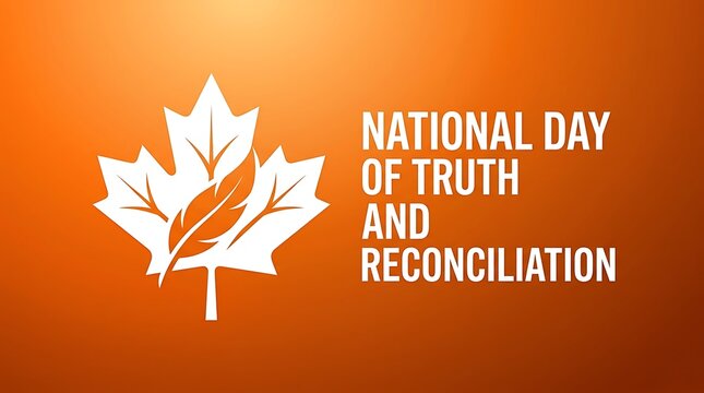 National Day of Truth and Reconciliation graphic with white maple leaf and feather on orange background