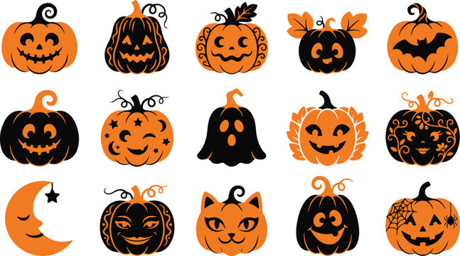 Set of cute hand drawn halloween pumpkins with funny faces and spooky decorations on a white background