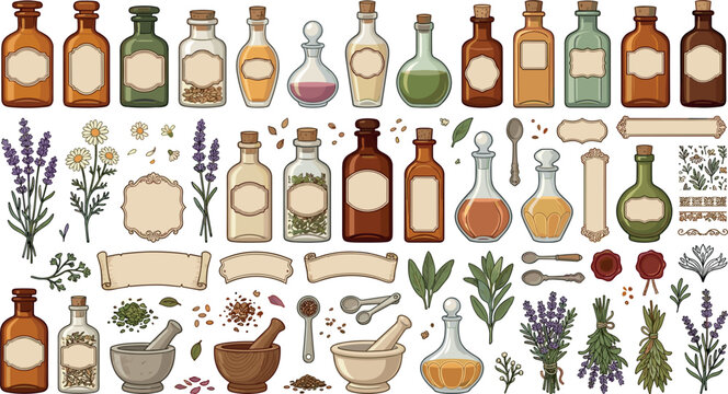 Vintage apothecary vector element set with old medicine potion bottles mortar pestle dried herbs labels and wizard ingredients