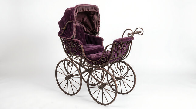 Vintage Purple Velvet Baby Carriage Isolated on White