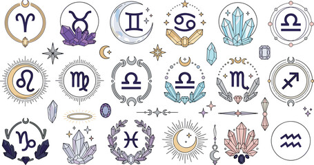 Watercolor mystical zodiac signs vector element set with magic crystals celestial moon phases and spiritual astrology symbols © MstRahima