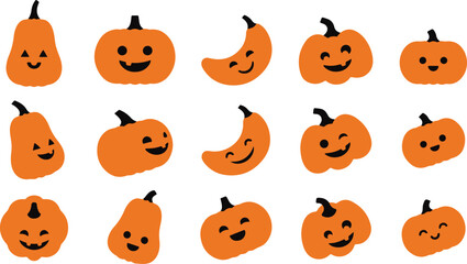 Fototapeta premium Set of cute hand drawn orange jack o lantern pumpkins for halloween decorations and seasonal festive design