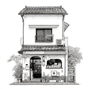 Simple black and white line drawing of a small Japanese two-story shop in manga ink sketch style, featuring clean lines and traditional architecture isolated on a plain background. 
