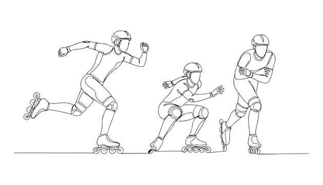 Continuous Simple black line art drawing set of ice skater in a minimalist style on a white background.