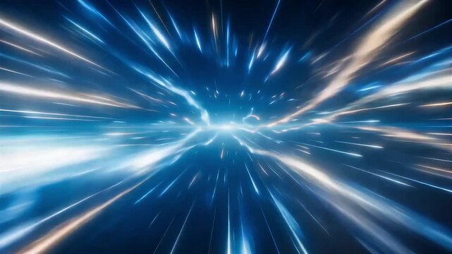 Fast interstellar travel through a bright blue wormhole tunnel animation with glowing streaks of light motion
