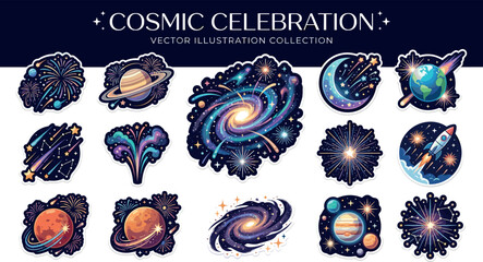 Cosmic celebration vector sticker set with space elements galaxy fireworks stars rocket ship planets and constellations graphic design © Md