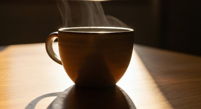 Steaming coffee cup sunlight
