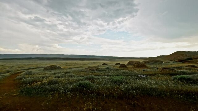 Off-road vehicle speeds through grassy terrain with rocky landscape visible