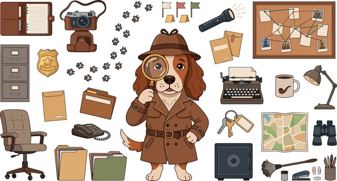 Cute cartoon detective dog character vector element set featuring magnifying glass trench coat investigation board typewriter camera and office equipment icons,