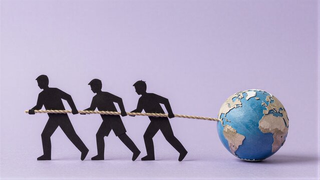 Three paper figures pull a globe, symbolizing global teamwork and effort.
