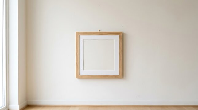 Square wooden picture frame hanging on a plain room wall isolated on white background