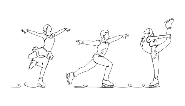 Continuous Simple black line art drawing set of ice skater in a minimalist style on a white background.