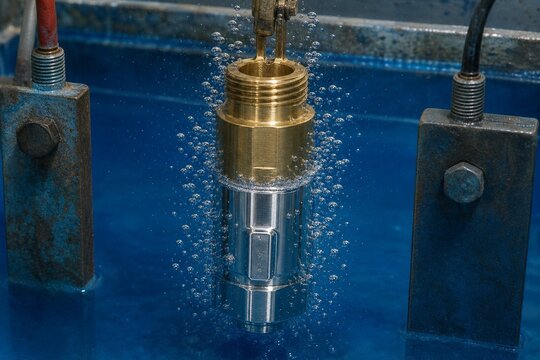 A brass component submerged in a blue electroplating bath, bubbles rising.