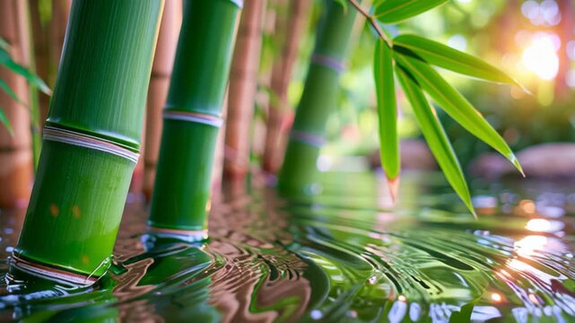 Close-up of vibrant green bamboo stalks reflected in calm water, symbolizing tranquility, sustainability, natural beauty, tropical forests, Zen gardens, and eco-friendly environments.