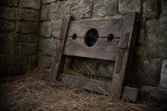 A rough wooden pillory in hay against a stone castle wall.