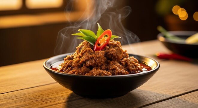 Steaming indonesian rendang dish