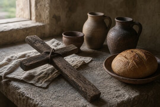 A rough-hewn wooden cross on a stone table with clay pots and bread in soft light.