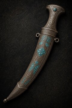 Curved dagger with intricate arabesque patterns and turquoise inlaid scabbard.