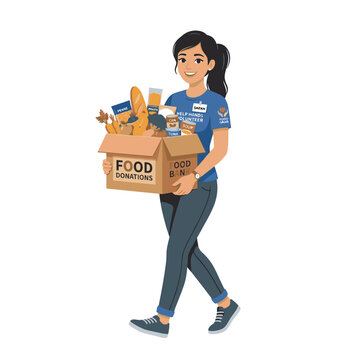 A woman carrying a box labeled Food Donations, filled with various grocery items, showcasing her commitment to helping others