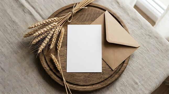 Blank paper card with wheat stalks on a wooden board isolated on white background