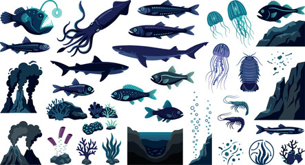 Deep sea marine life underwater vector icon set with bioluminescent fish shark jellyfish and hydrothermal vents © Md