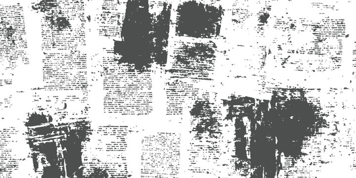 Abstract distressed grunge newspaper texture with black ink stains and illegible text retro vector illustration.