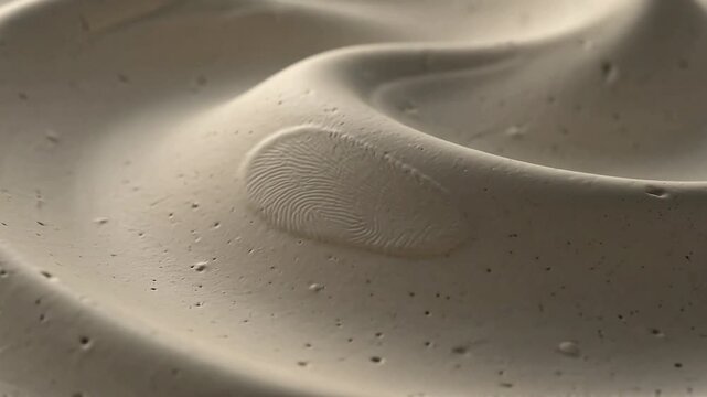 Close-up macro video of a single human fingerprint pressed into a smooth, neutral-toned clay surface, highlighting texture, tactile details, and the unique impression left in the soft material.