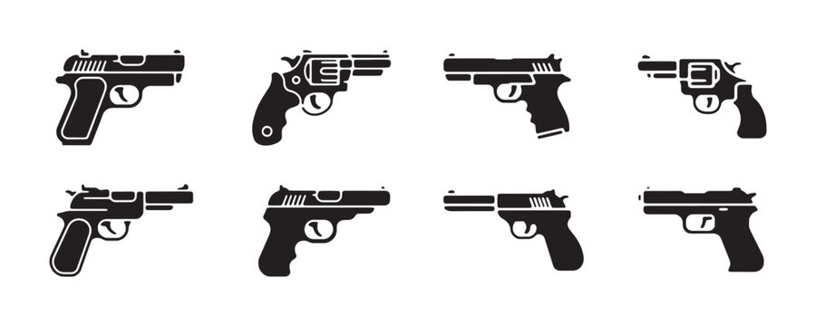 Gun icon vector set. pistol and revolver silhouettes. handgun collection on white background.