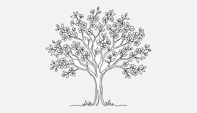 Continuous Simple black line art drawing set of cherry tree in a minimalist style on a white background.