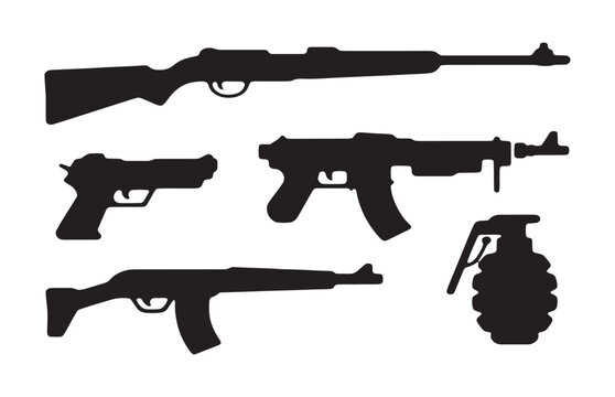 Assortment of weapons rifle pistol submachine gun grenade, black outlines.