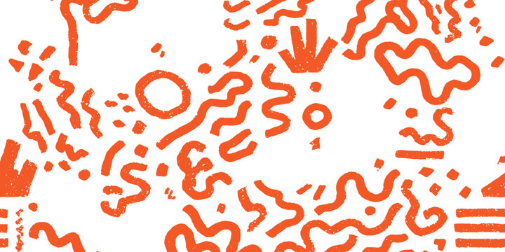 Playful abstract background with hand drawn orange doodle shapes and squiggly lines vector illustration.