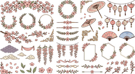 Japanese cherry blossom floral borders wreaths frames dividers lanterns and traditional parasol umbrella design elements decorative set vector © Md