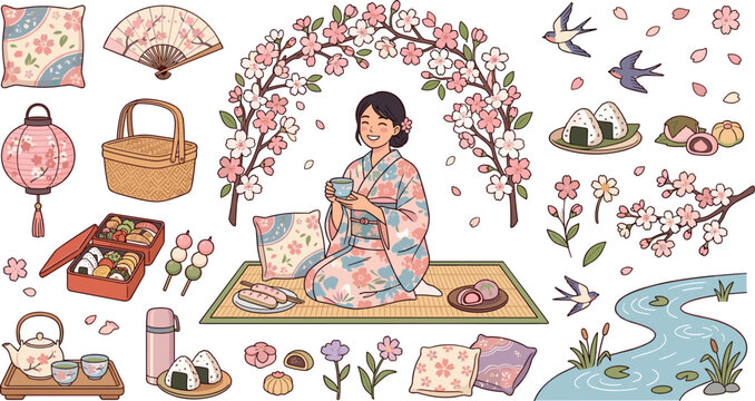 Japanese woman enjoying outdoor spring hanami picnic under cherry blossom arch with bento onigiri tea and sweets vector