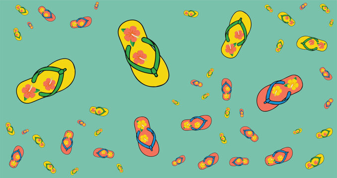 colorful flip flops beach sandals with floral patterns on a turquoise background for summer casual wear