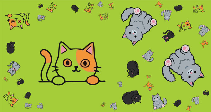 colorful cartoon cat surrounded by playful mice and rats on bright green background for fun animal theme illustrations