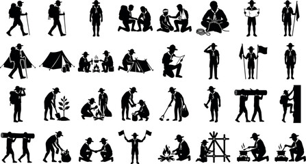 Obraz premium Set of scout silhouettes, boy scouts activities, camping, hiking, first aid, cooking, and outdoor adventure icons