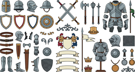 Medieval knight armor and weapons vector element set with swords shields helmets plate suit coat of arms and royal heraldry banners © Md