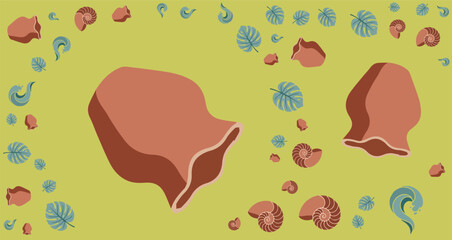 illustration of large rocks and seashells on green background with tropical leaves for nature and travel themes © Fendik eps
