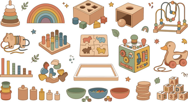 Montessori wooden educational baby toys and nursery elements vector set featuring sensory learning development objects illustration