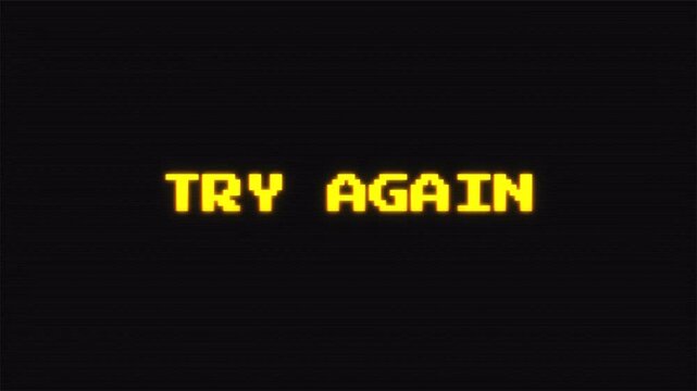 Retro 8-Bit Gaming Try Again Screen with Pixelated Text and Vintage CRT Scanline Effect RGB alpha in 4k video