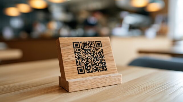 QR code displayed on a wooden stand placed on a table in a modern cafe with blurred background elements and warm lighting creating an inviting atmosphere