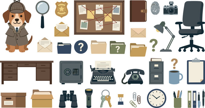 Private investigator puppy mystery solving flat vector collection with detective desk typewriter safe box telephone case files and station supply icons,