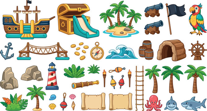 Cute pirate island amusement park vector element set with pirate ship bouncy castle treasure chest slide tropical palms and sea creatures