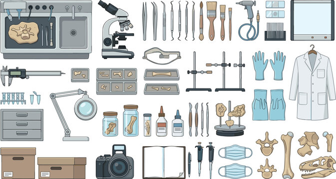 Scientific laboratory and anthropology research vector set with microscope, bones, lab coat, dental tools, specimen jars, and forensic equipment