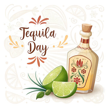 Tequila day text with bottle, lime, and mexican flower art.